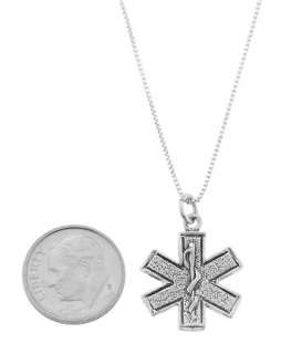 STERLING SILVER STAR OF LIFE PARAMEDIC SYMBOL CHARM WITH BOX CHAIN 