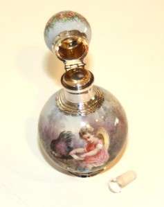 Antique Viennese Enamel Perfume Bottle with Silver Mounts  
