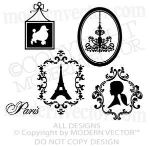 PARIS THEME Vinyl Wall Decals Eiffel Tower, Poodle, Silhouette 