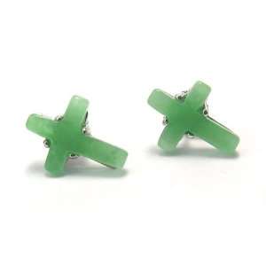  Chinese Green Jade Cross Designed Sterling Silver Stud Earrings 