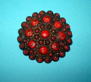 UNIQUE ANCIENT ANTIQUE PIN BROOCH BRASS RED FLOWERS  
