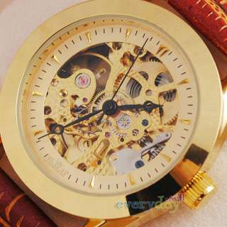   Luxury Mens Wrist Watch Automatic Movt Skeleton Brown Leather  