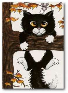 Black White Tuxedo Cat Mouse Friend in Tree FuN   ArT LE Print ACEO 