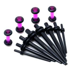  Ear Taper Kit & Purple Plug Set   8 Piece Black Acrylic Ear Taper 