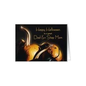 Happy Halloween Dad & step mom, pumpkins in basket with shadows and 