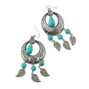   Antique Silver & Turquoise Leaf Tassel Hoop Dangle Earring Jewelry