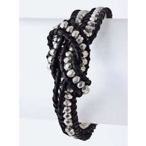 Black Knotted Antique Silver Bead Rope Bracelet with Button Closure 