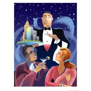 Couple Having Dinner, Waiter Has City on Plate Giclee Poster Print 